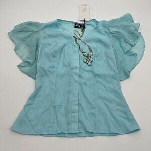 Vero Moda Womens Blouse XS Short Flutter Sleeves Necklace Beaded V Neck Button